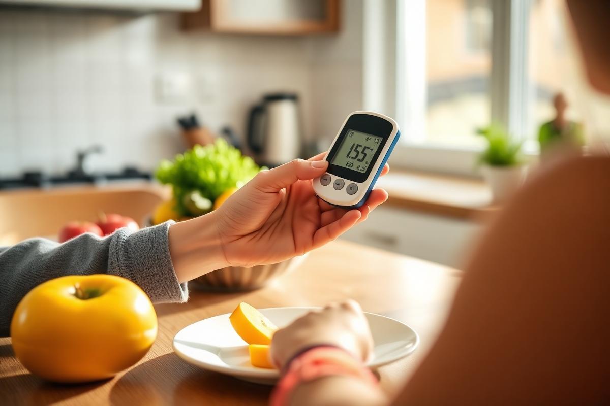 A person checking a blood glucose meter at a kitchen table