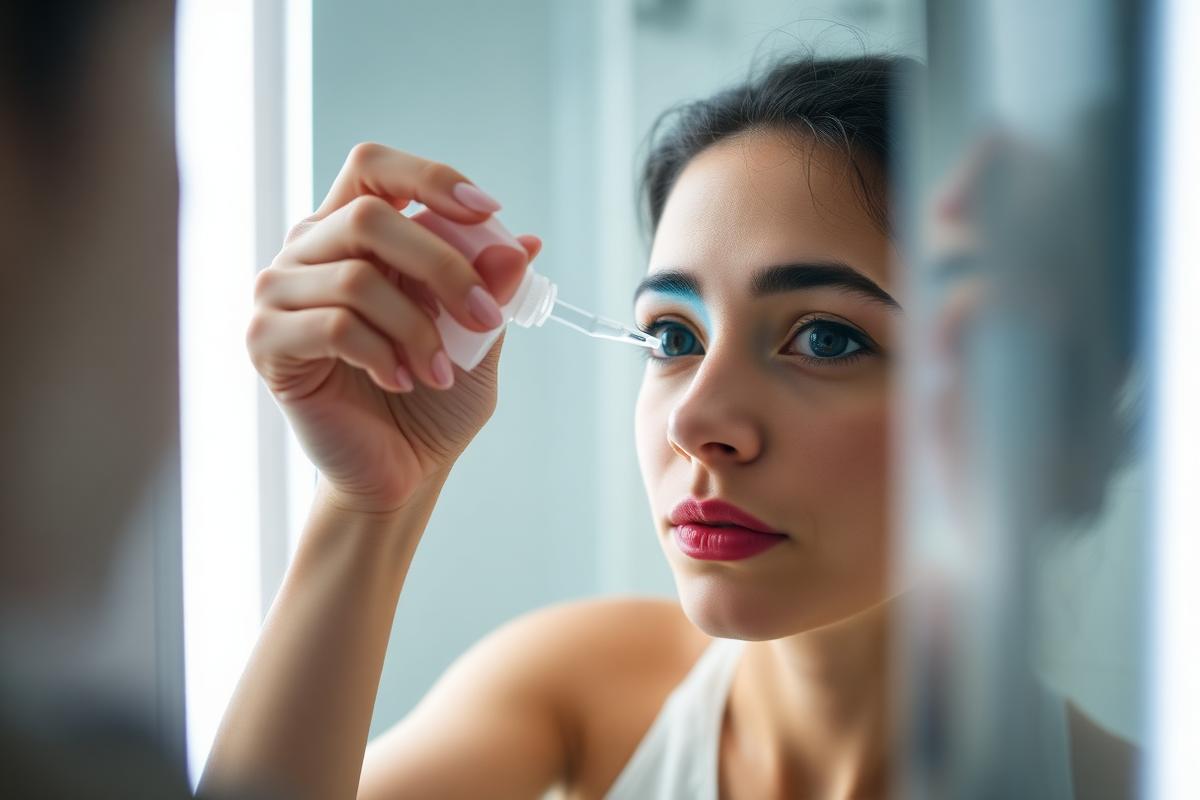 A person applying lubricating eye drops in soft bathroom light