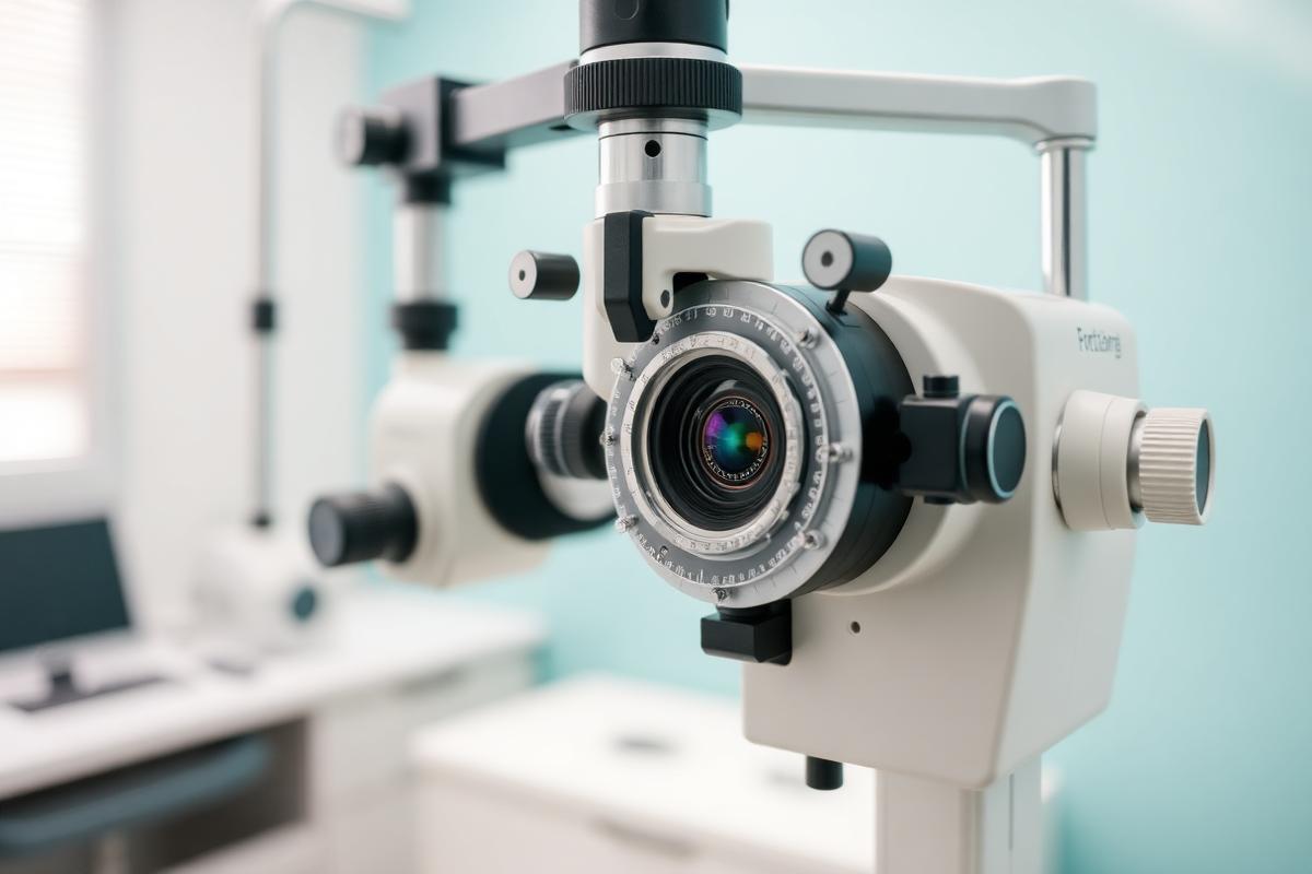 Slit lamp eye examination equipment in a bright clinic