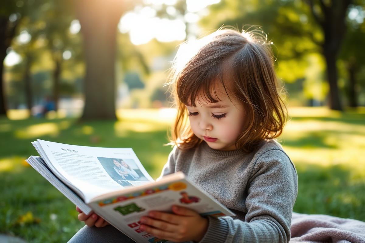 A child reading outdoors in a park in soft sunlight