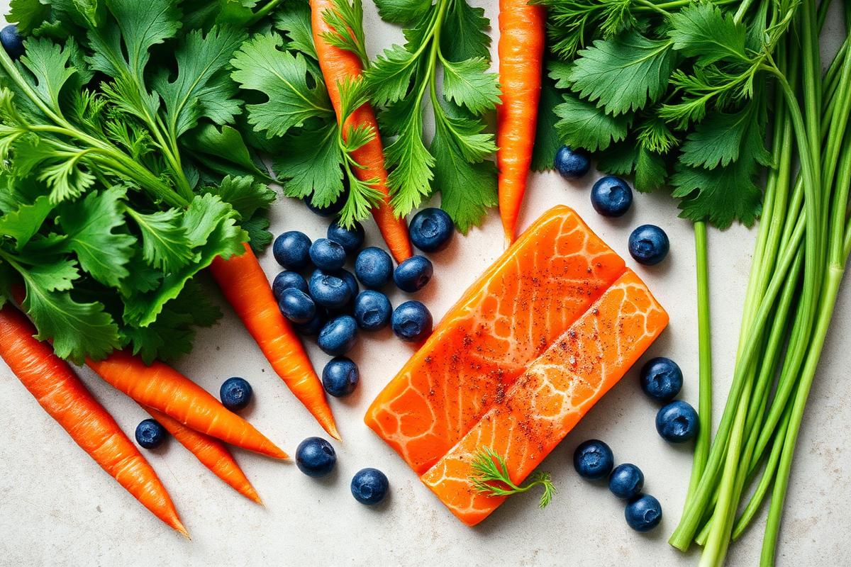 Leafy greens, carrots, blueberries and salmon arranged on a light surface