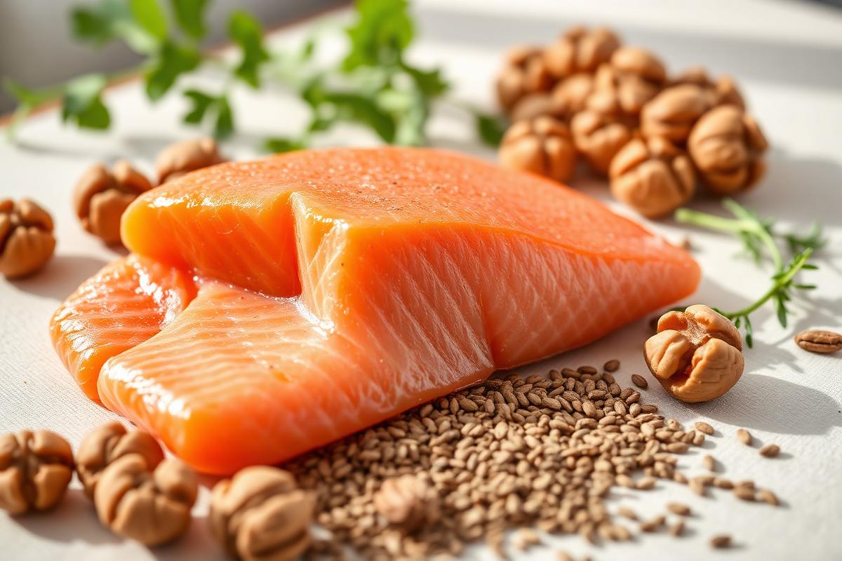 Salmon fillet, walnuts and flaxseed arranged on a light surface