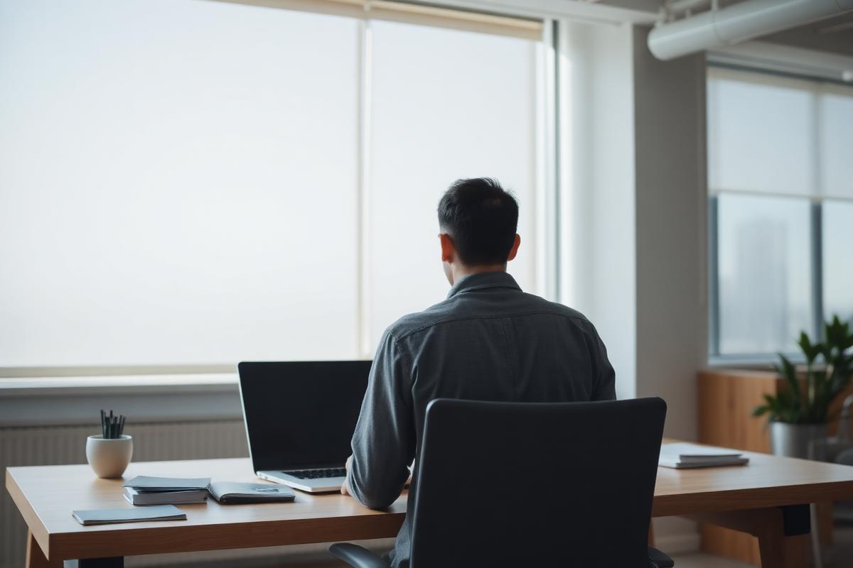 A person at a desk looking away from a laptop toward a bright window