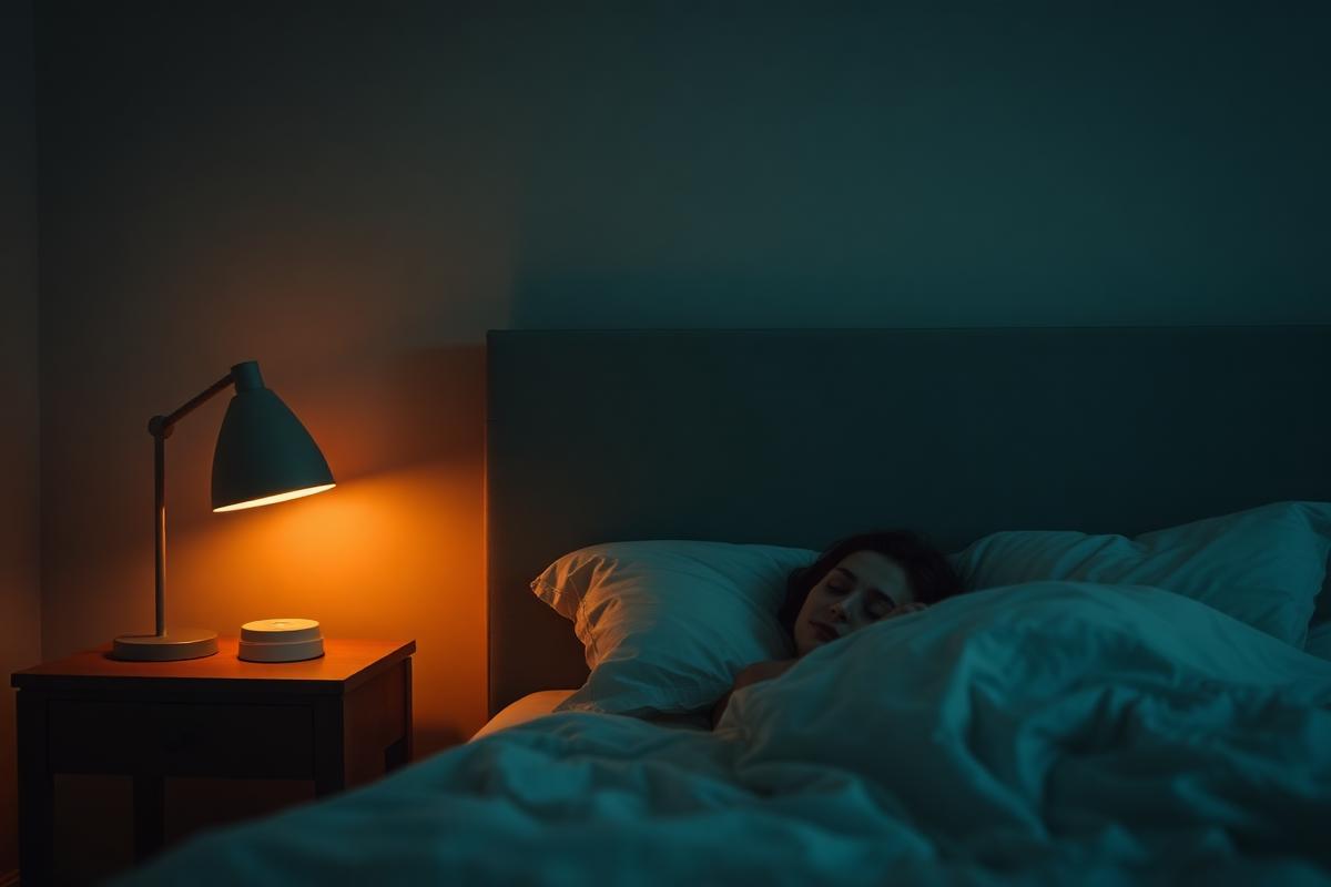 A dim bedroom with a warm lamp and a person sleeping