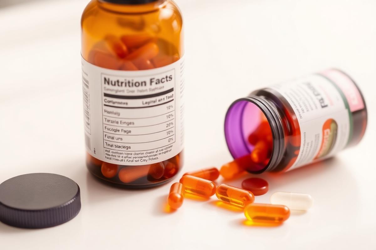 Supplement bottle with capsules and a printed nutrition facts label on a light desk