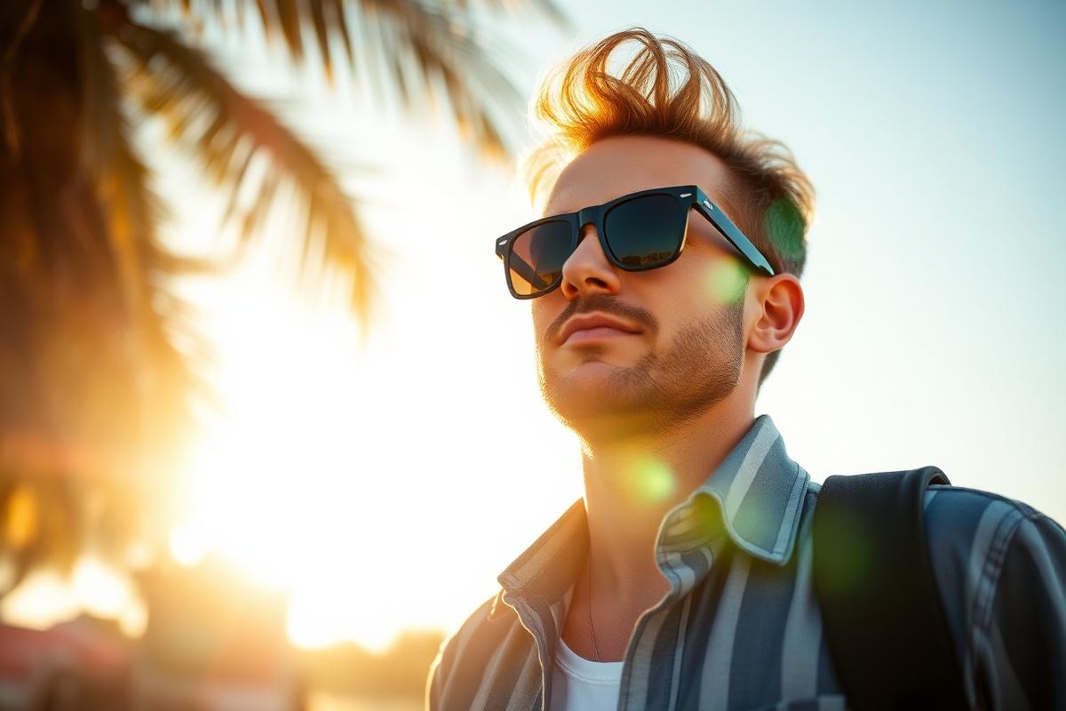 A person wearing sunglasses outdoors in bright sunlight
